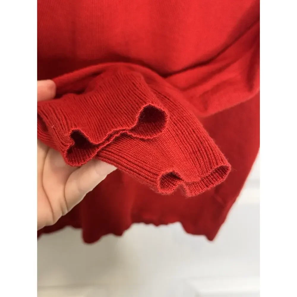 Tory Burch Red Merino Wool V-Neck Sweater Ruffle Collar Size Small